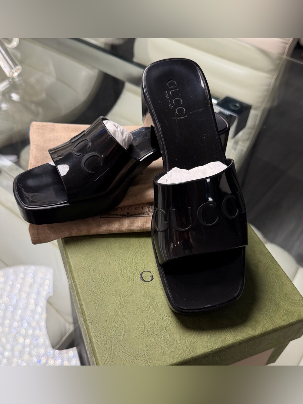 Gucci Black Patent Logo Slide Mules
